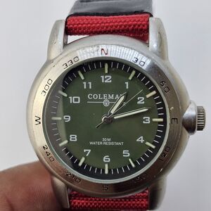 Men's Coleman Watch 41MM Green Dial Date New Red Black Canvas Bands New Battery